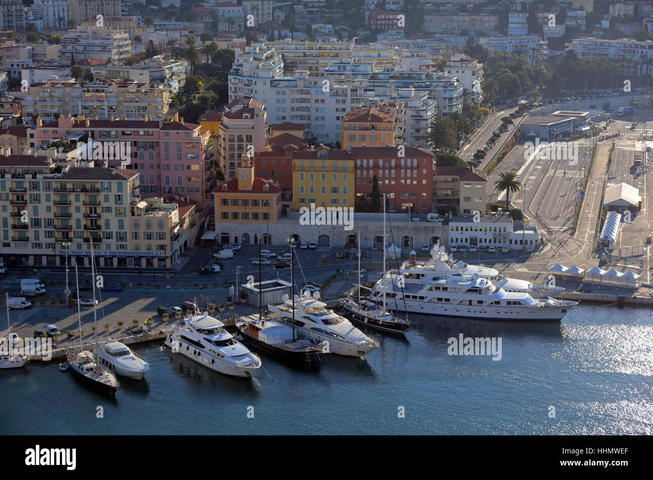 Town and luxury yachts in harbour, Port Lympia, seen from Chateau de Nice, Castle of Nice, Nice, Provence-Alpes-Côte d'Azur Stock Photo