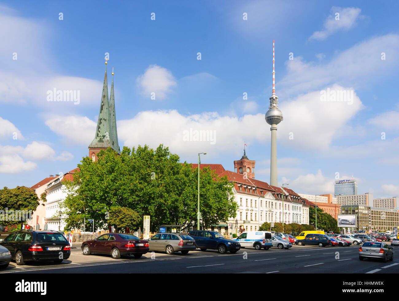 Berlin: district Nikolaiviertel with church Nikolaikirche and TV tower, , Berlin, Germany Stock Photo