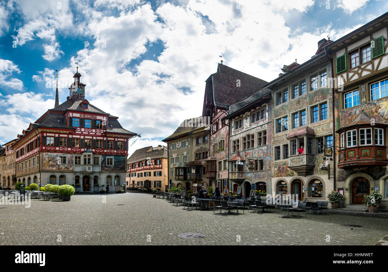 Town Hall in the main square, historic houses in the old town, Stein am