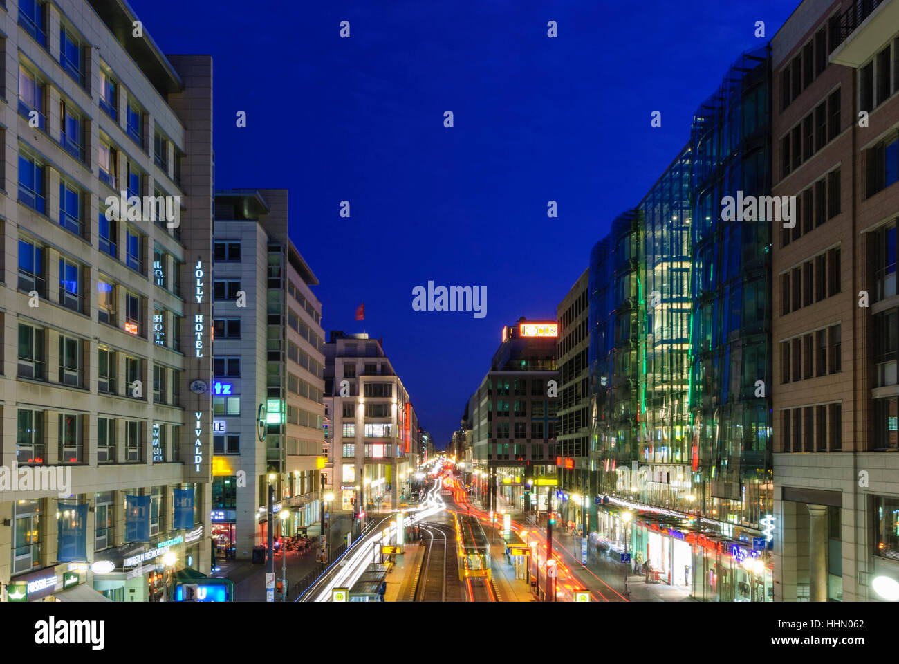 Berlin: street Friedrichstraße, traffic lights, streetcar, cars, , Berlin, Germany Stock Photo