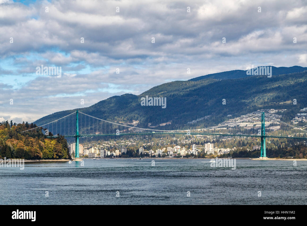 View towards the 1938 Lions Gate Bridge and North Vancouver from Stanley Park, British Columbia, Canada. Stock Photo