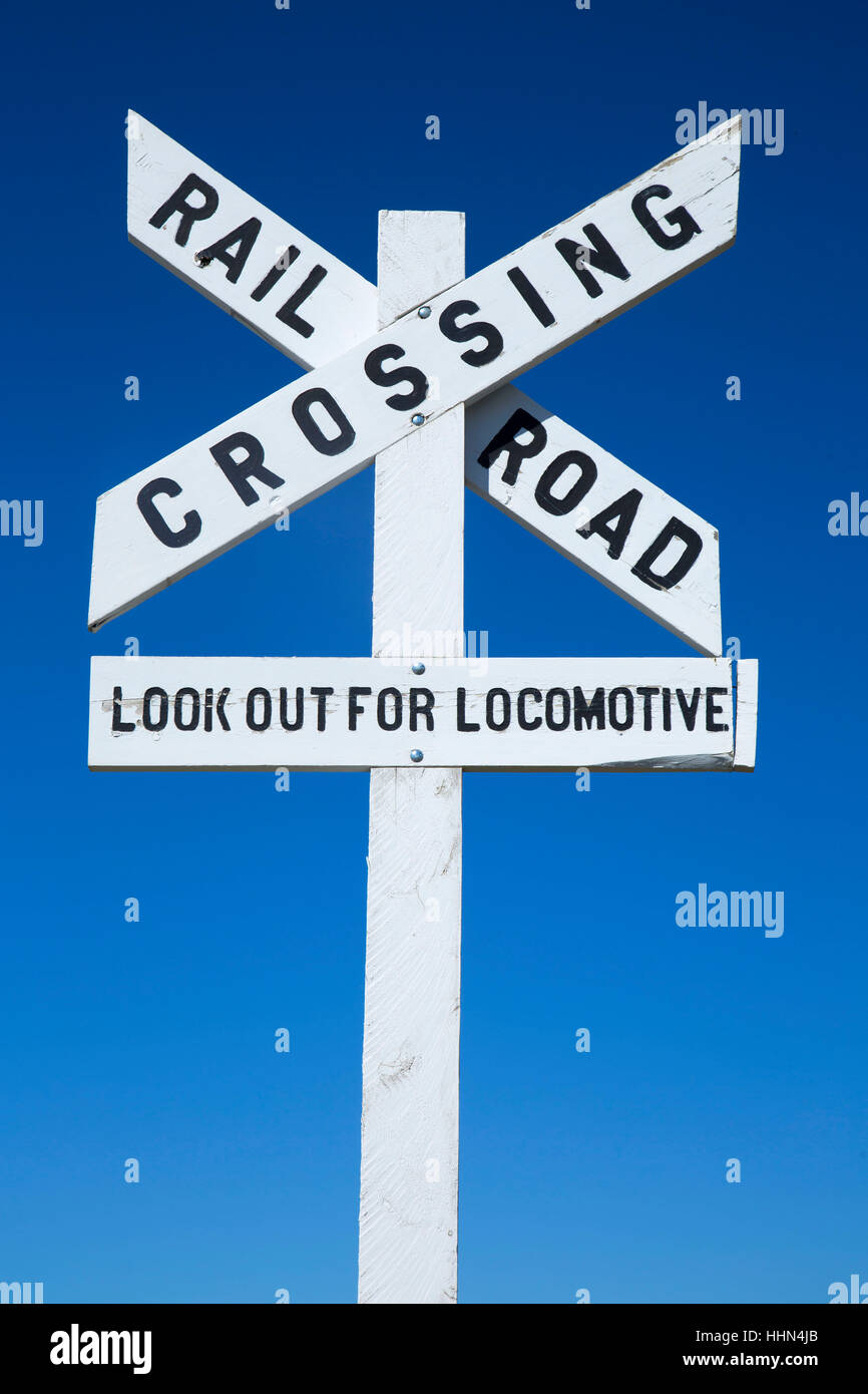 Railroad crossing sign, Golden Spike National Historic Site, Box Elder County, Utah Stock Photo