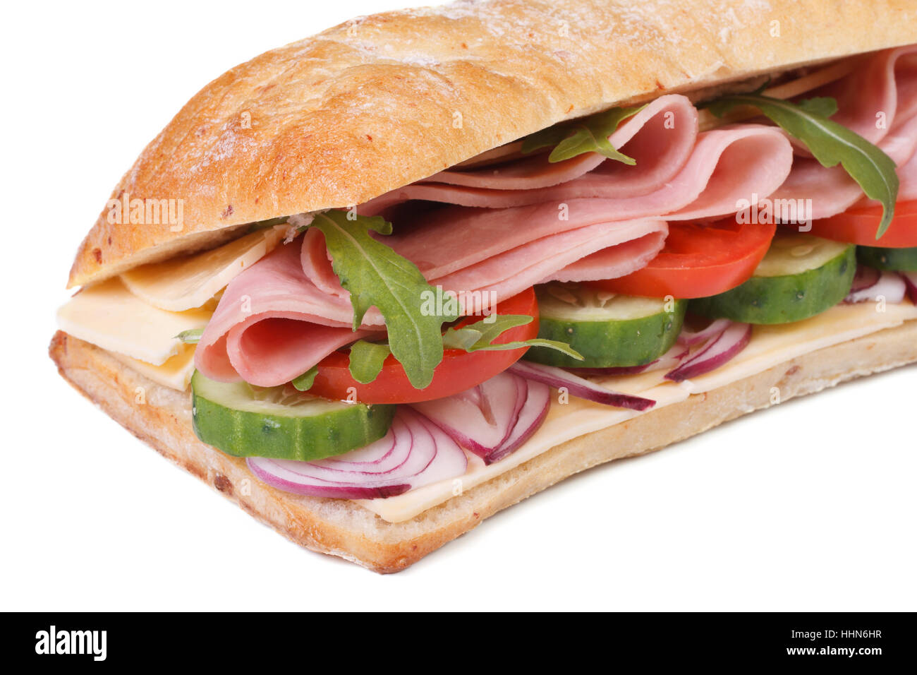 sandwich with ham, vegetables and arugula salad isolated on white background close-up. horizontal Stock Photo