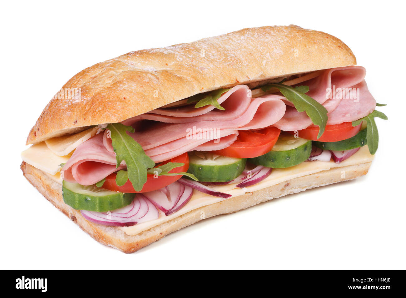 ciabatta sandwich with ham, fresh vegetables and arugula salad isolated on white background horizontal Stock Photo