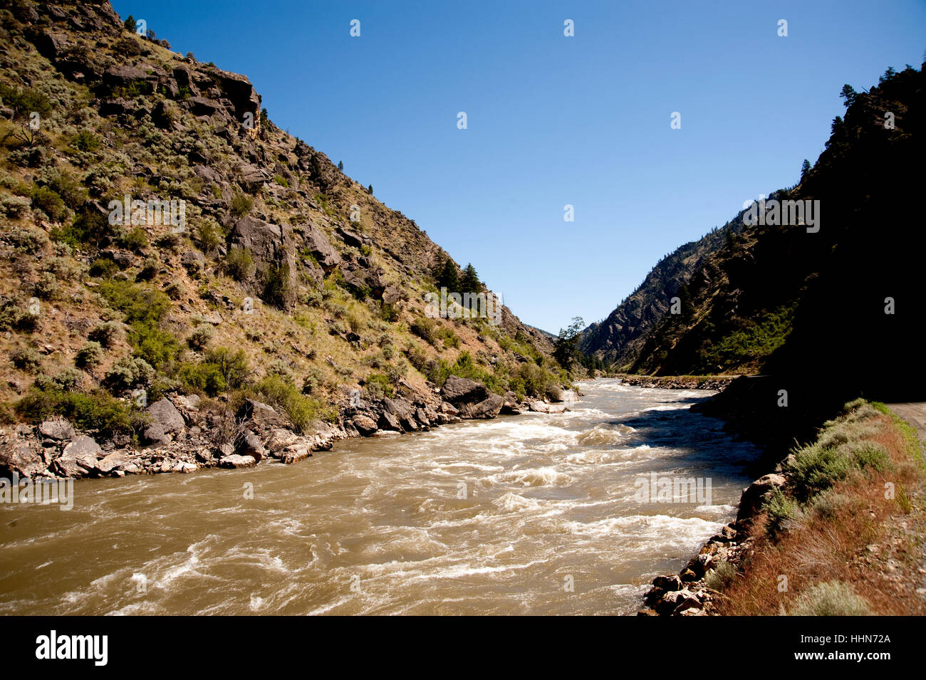 Salmon River rapids along Salmon River Road, Brown water created by the rapids in valley surrounded by part of the Sawtooth Mtn. Stock Photo