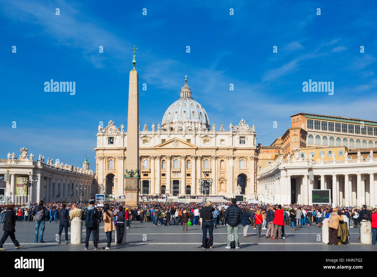 Rome, Italy. St Peter's Basilica seen across St Peter's Square.  The historical centre of Rome, including the Vatican, are a UNESCO World Heritage Sit Stock Photo