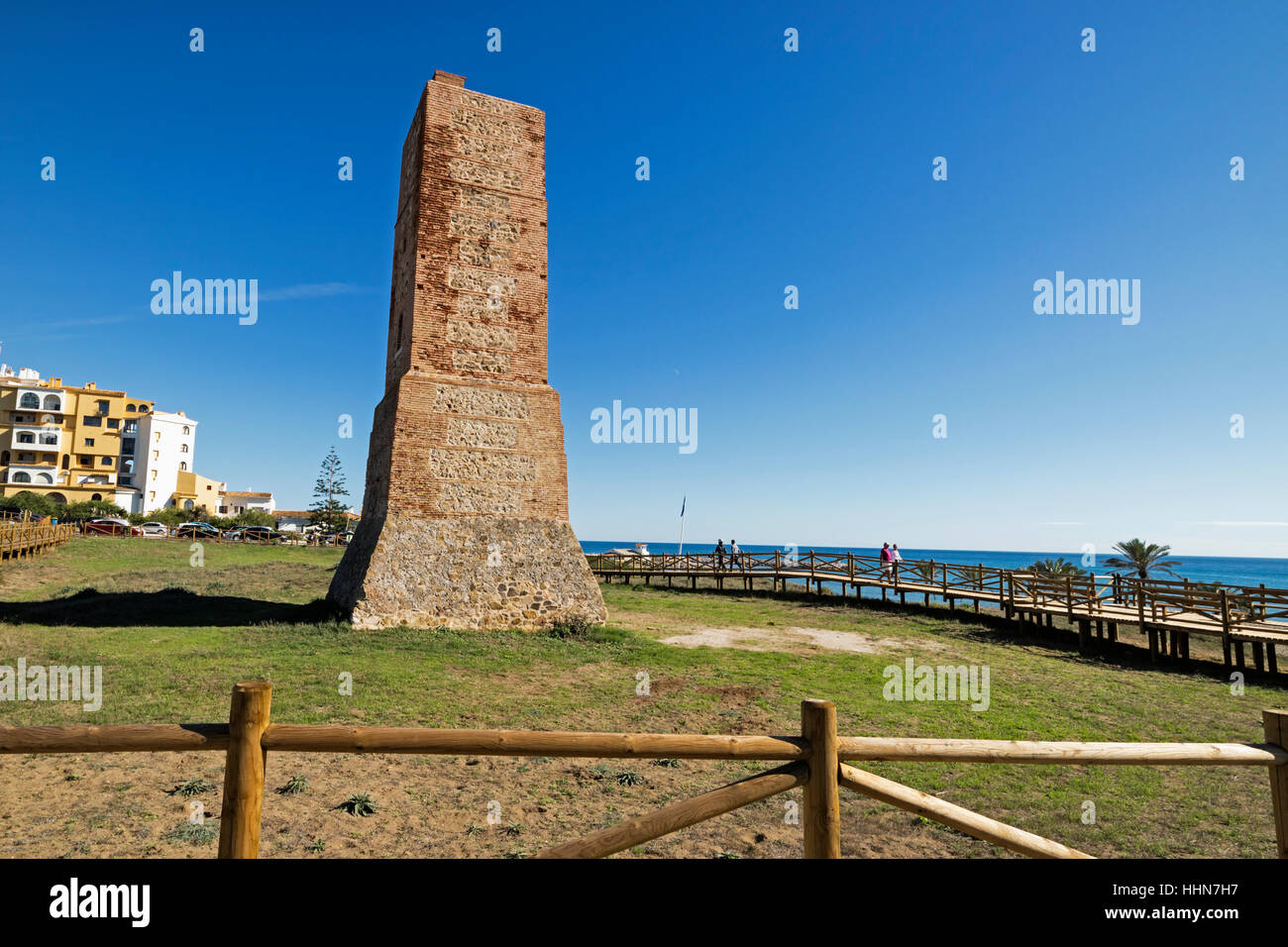 near Marbella, Costa del Sol, Malaga Province, Andalusia, southern Spain. 16th century monument Torre de los Ladrones (Thieves Tower)  amongst Artola  Stock Photo