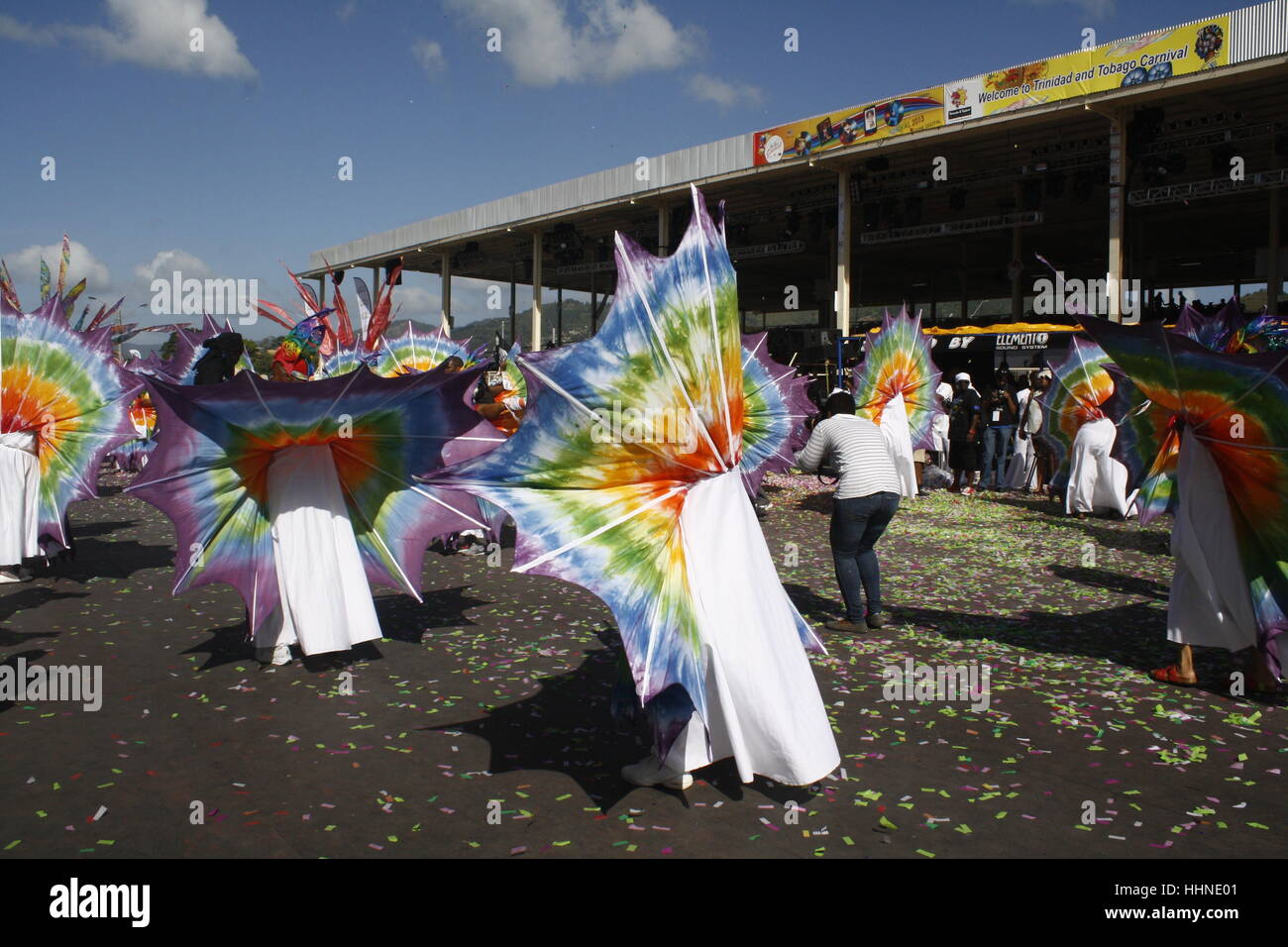 People Dancing Carnival on stage at the Queen Park Savannah in Trinidad. Stock Photo