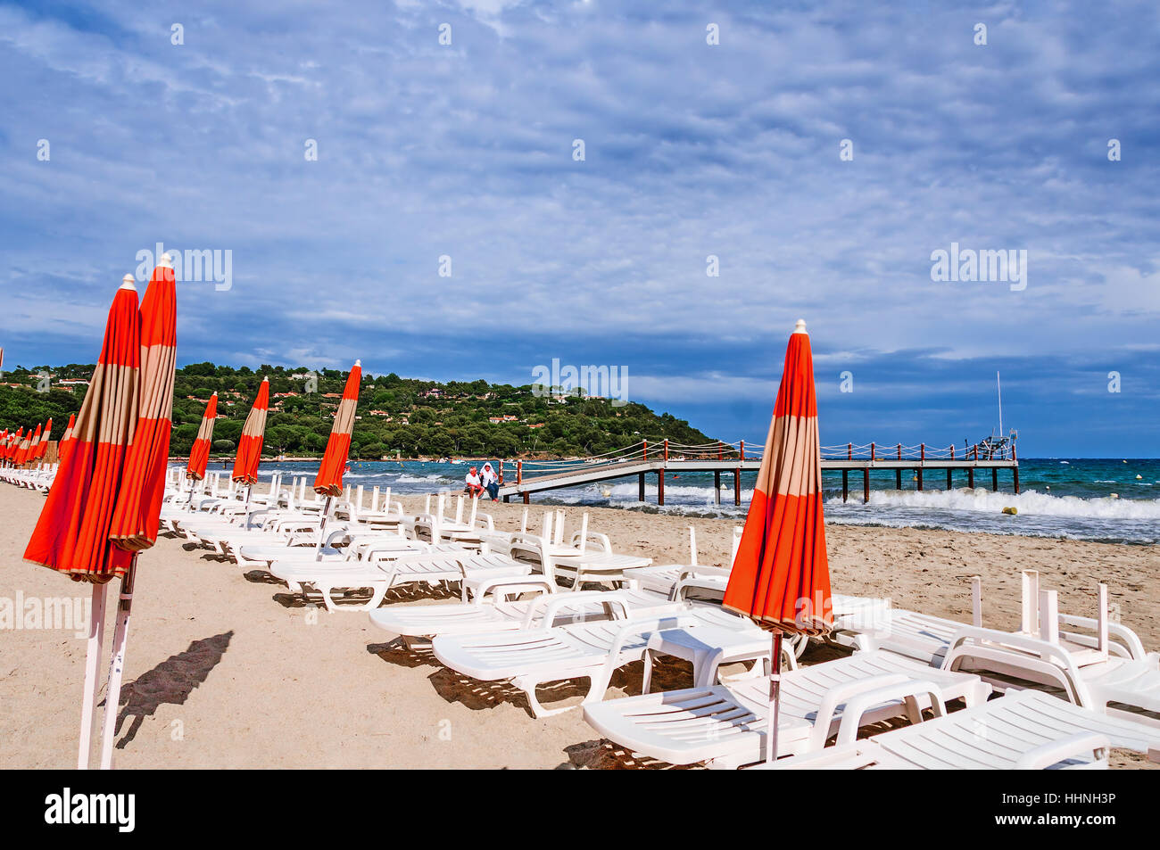beach, seaside, the beach, seashore, bridge, sunshades, sandy beach, blue, Stock Photo