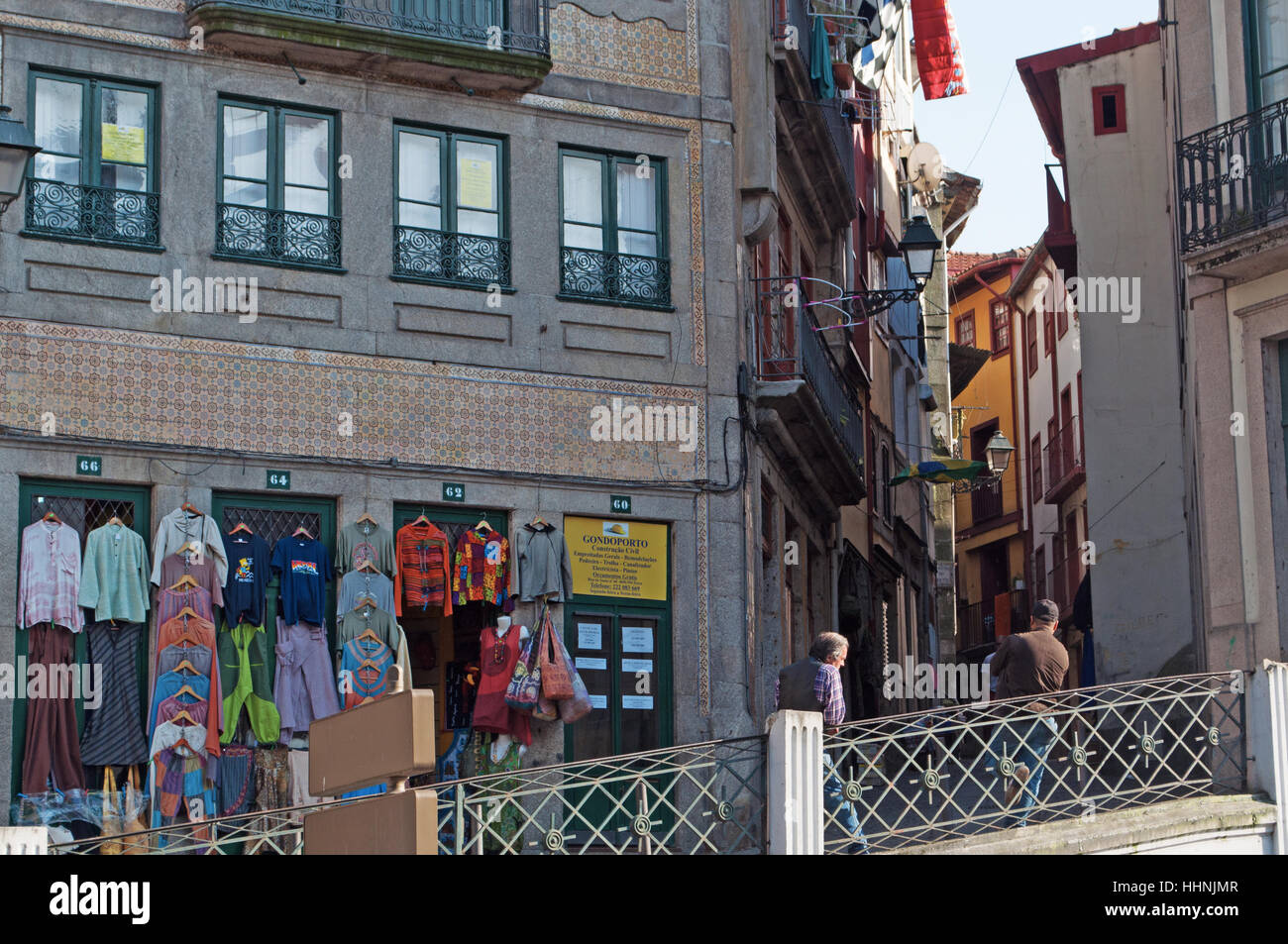 Portugal: details of the streets and alleys of Porto with view of a clothing store in the Old City Stock Photo