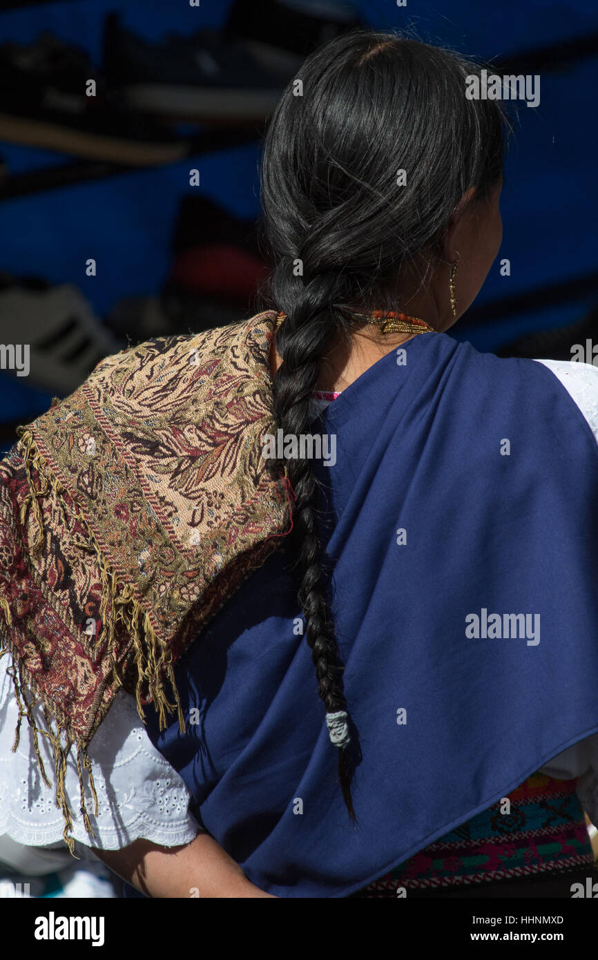 hair style closeup details in Ecuador of an indigenous woman Stock Photo
