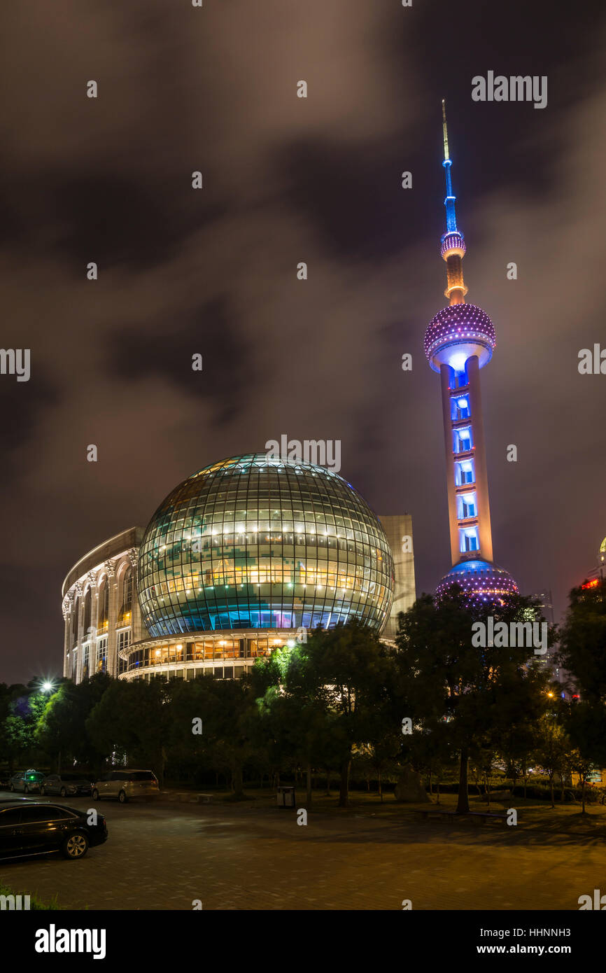 Oriental Pearl Tower Illuminated at Night, Shanghai, China Stock Photo