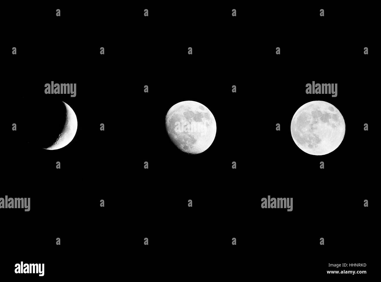 Various moon phases from crescent to full moon, as seen from