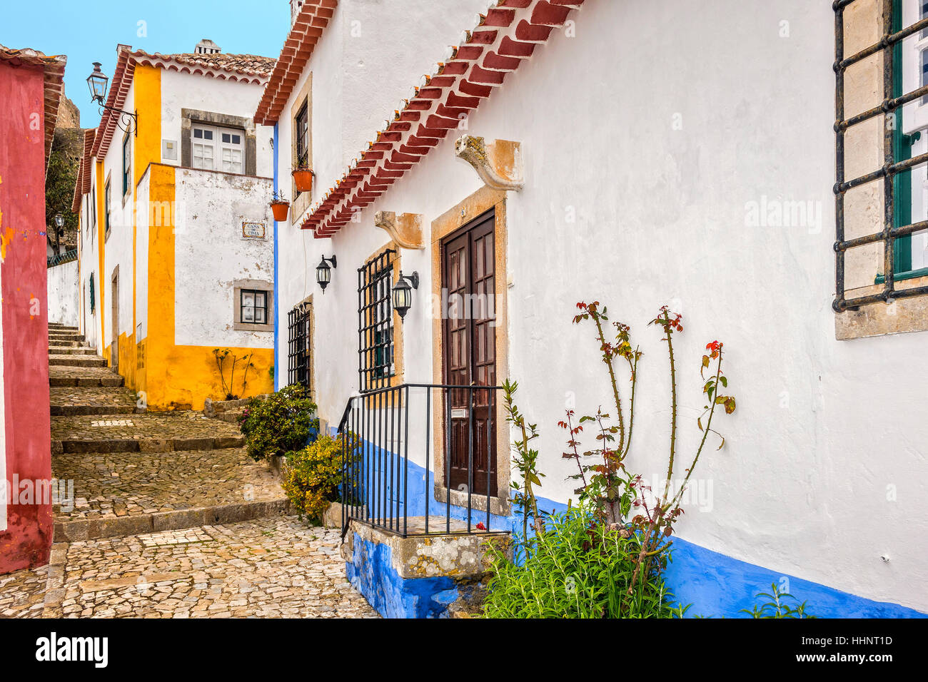 Alleyway in The Medieval Town Of Obidos Portugal Stock Photo