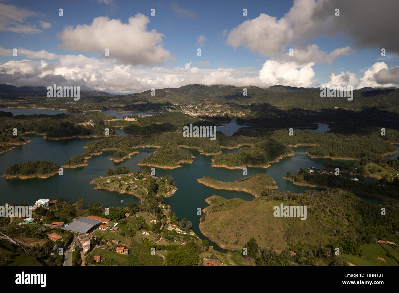 artificially created lake for hydroelectric energy production in Guatape Colombia seen from the top of the Penon rock Stock Photo