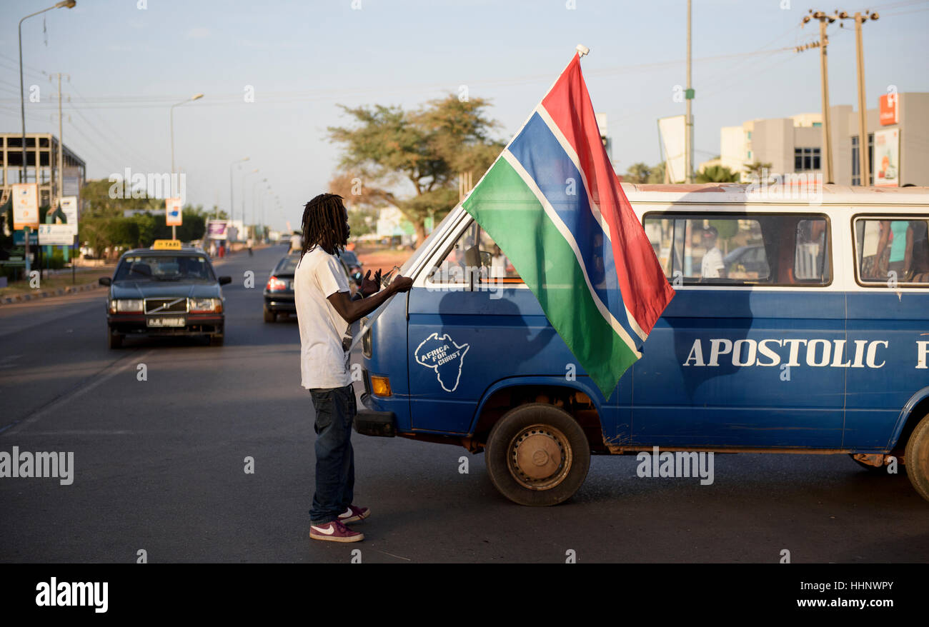 Blue Apostolic Faith 'Africa for Christ' van on the road in Gambia Stock Photo