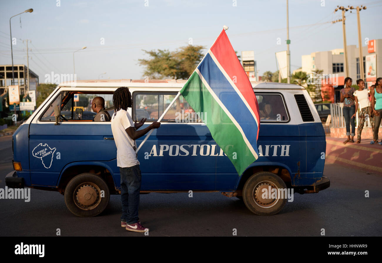 Blue Apostolic Faith 'Africa for Christ' van on the road in Gambia Stock Photo