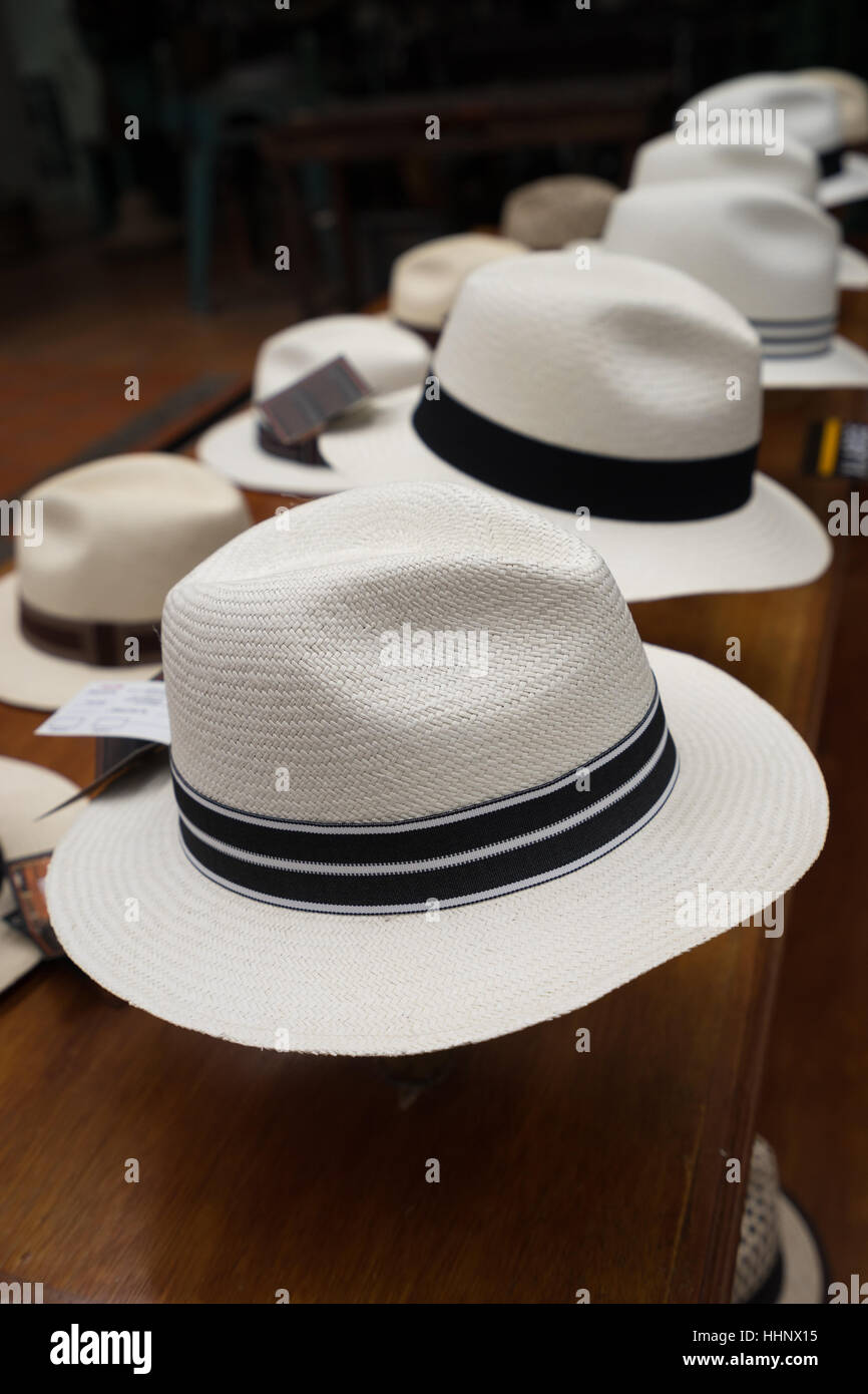 July 21, 2016 Cuenca, Ecuador: classic Panama hats on display in the straw hat museum in the centre of the city Stock Photo