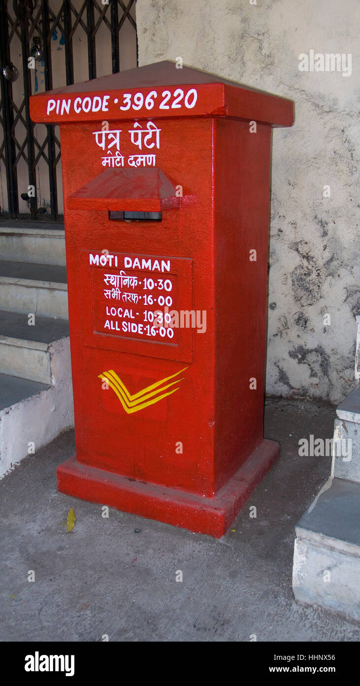 Red mail box Daman India Stock Photo