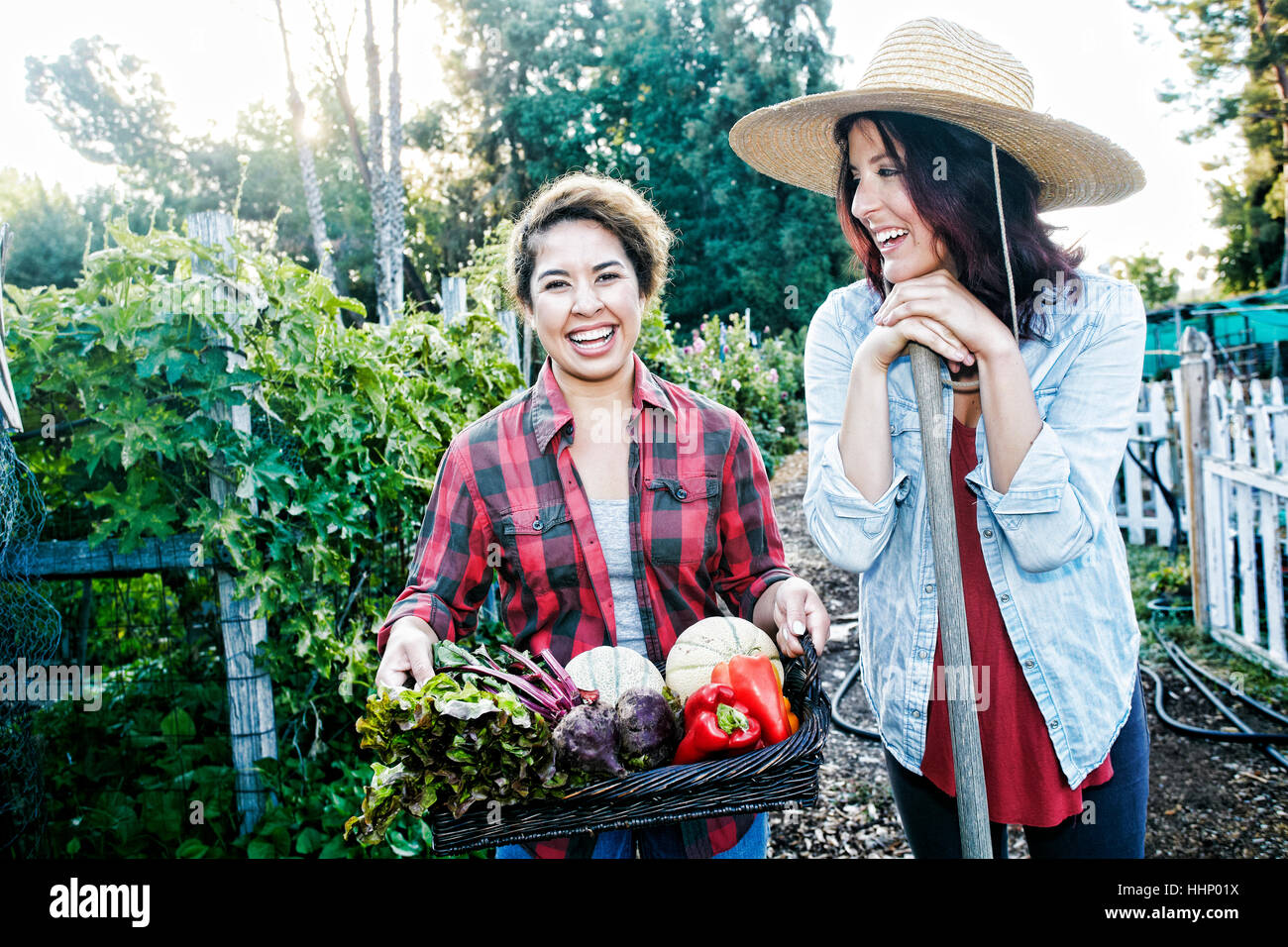 Portrait of women with basket of vegetables in garden Stock Photo - Alamy