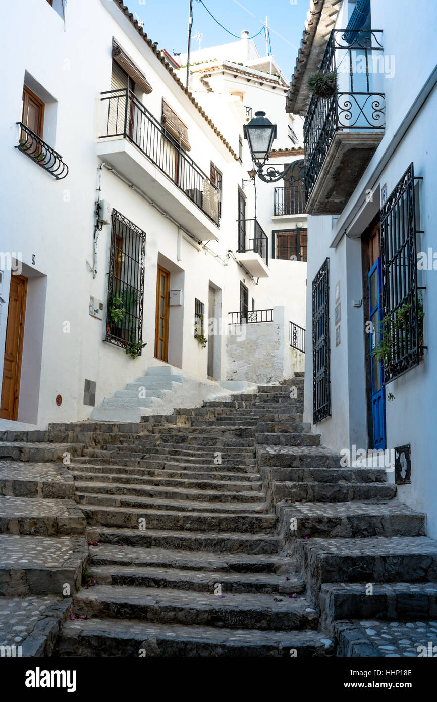 One of the many charming old town streets in Altea, Costa Blanca,  Alicante, Spain. Stock Photo