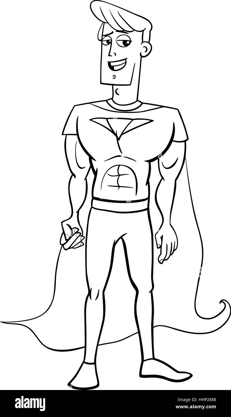Black and White Cartoon Illustration of Superhero Character or Man in Hero Costume Coloring Page Stock Vector
