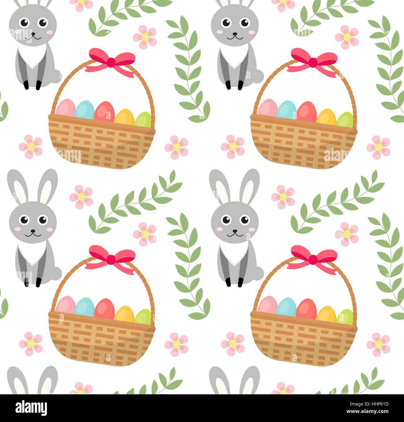 Easter seamless pattern with eggs basket and rabbit. Endless Spring ...