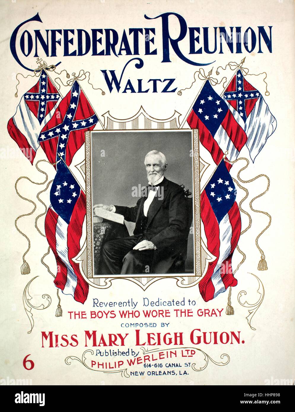 Sheet music cover image of the song 'Confederate Reunion Waltz', with original authorship notes reading 'Composed by Miss Mary Leigh Guion', 1900. The publisher is listed as 'Philip Werlein Ltd., 614-616 Canal St.', the form of composition is 'sectional', the instrumentation is 'piano', the first line reads 'None', and the illustration artist is listed as 'None'. Stock Photo