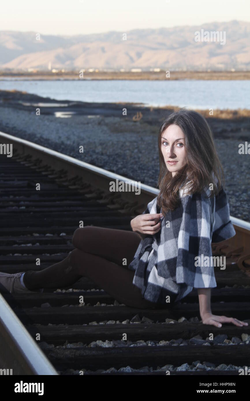 woman, railway, locomotive, train, engine, rolling stock, vehicle, means of Stock Photo