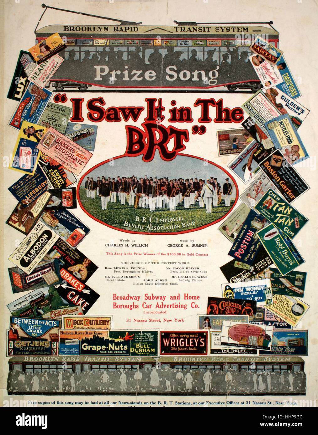 Sheet music cover image of the song 'I Saw it in the BRT', with original authorship notes reading 'Words by Charles H Willich Music by George A Sumner', United States, 1917. The publisher is listed as 'Broadway Subway and Home Boroughs Car Advertising Co., Inc., 31 Nassau Street', the form of composition is 'strophic with chorus', the instrumentation is 'piano and voice', the first line reads 'Dolly hopped a Brooklyn car Going shopping with her ma', and the illustration artist is listed as 'unattributed photo of B.R.T. Employees Bennefit Association Band'. Stock Photo