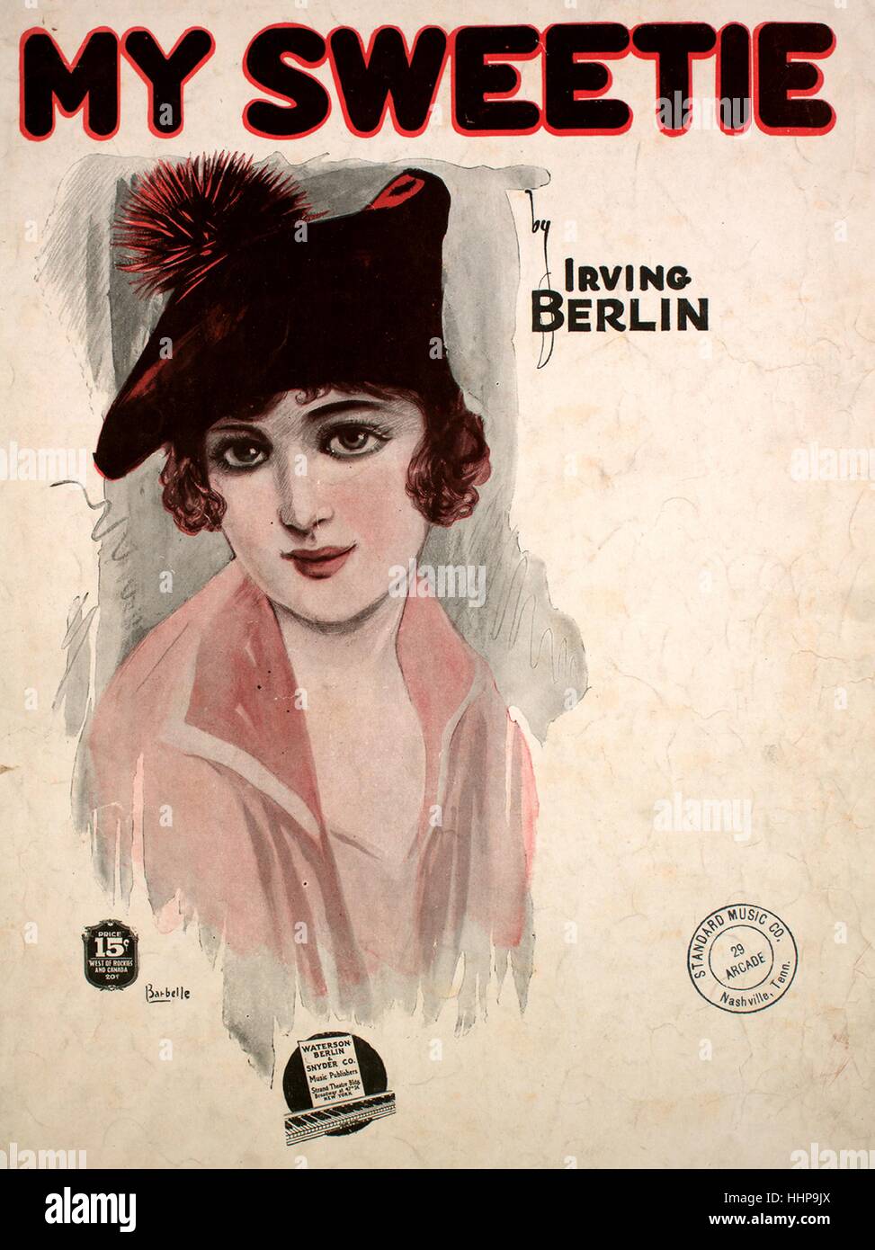 Sheet music cover image of the song 'My Sweetie', with original authorship notes reading 'Words and Music By Irving Berlin', United States, 1917. The publisher is listed as 'Waterson, Berlin and Snyder Co., Strand Theatre Bldg., Broadway at 47th St.', the form of composition is 'strophic with chorus', the instrumentation is 'piano and voice', the first line reads 'I never felt so happy before, a little rascal knocked at my door', and the illustration artist is listed as 'None'. Stock Photo