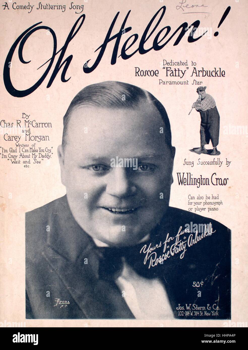 Sheet music cover image of the song 'Oh Helen! A Comedy Stuttering Song', with original authorship notes reading 'by Chas R McCarron and Carey Morgan', United States, 1918. The publisher is listed as 'Jos. W. Stern and Co., 102-104 W. 38th St.', the form of composition is 'strophic with chorus', the instrumentation is 'piano and voice', the first line reads 'Willie Meek tho' good at grammar', and the illustration artist is listed as 'photo by Apeda, N.Y. of Arbuckle'. Stock Photo