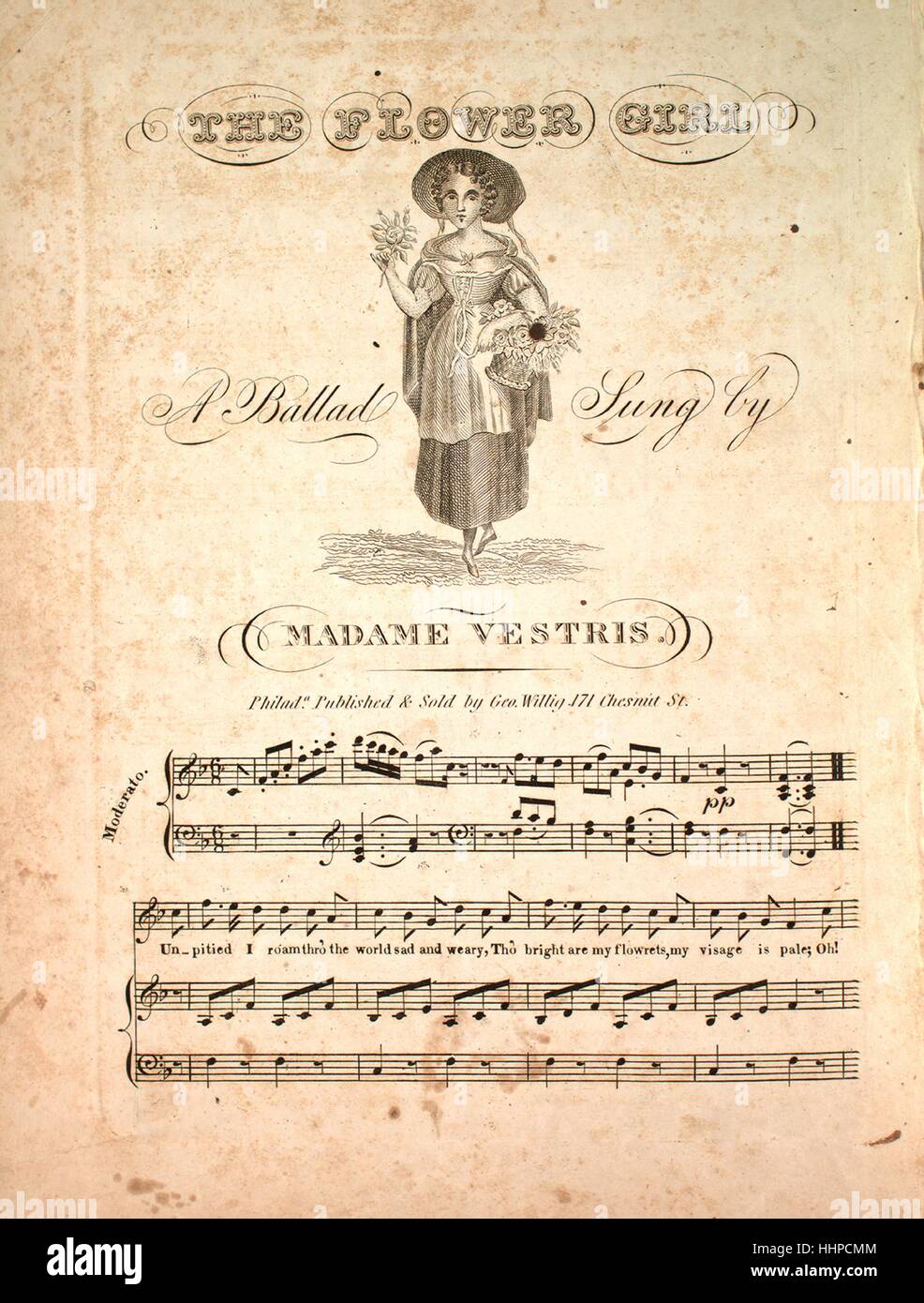 Sheet music cover image of the song 'The Flower Girl A Ballad', with  original authorship notes reading 'na', United States, 1900. The publisher  is listed as 'Geo. Willig, 171 Chesnut St.', the