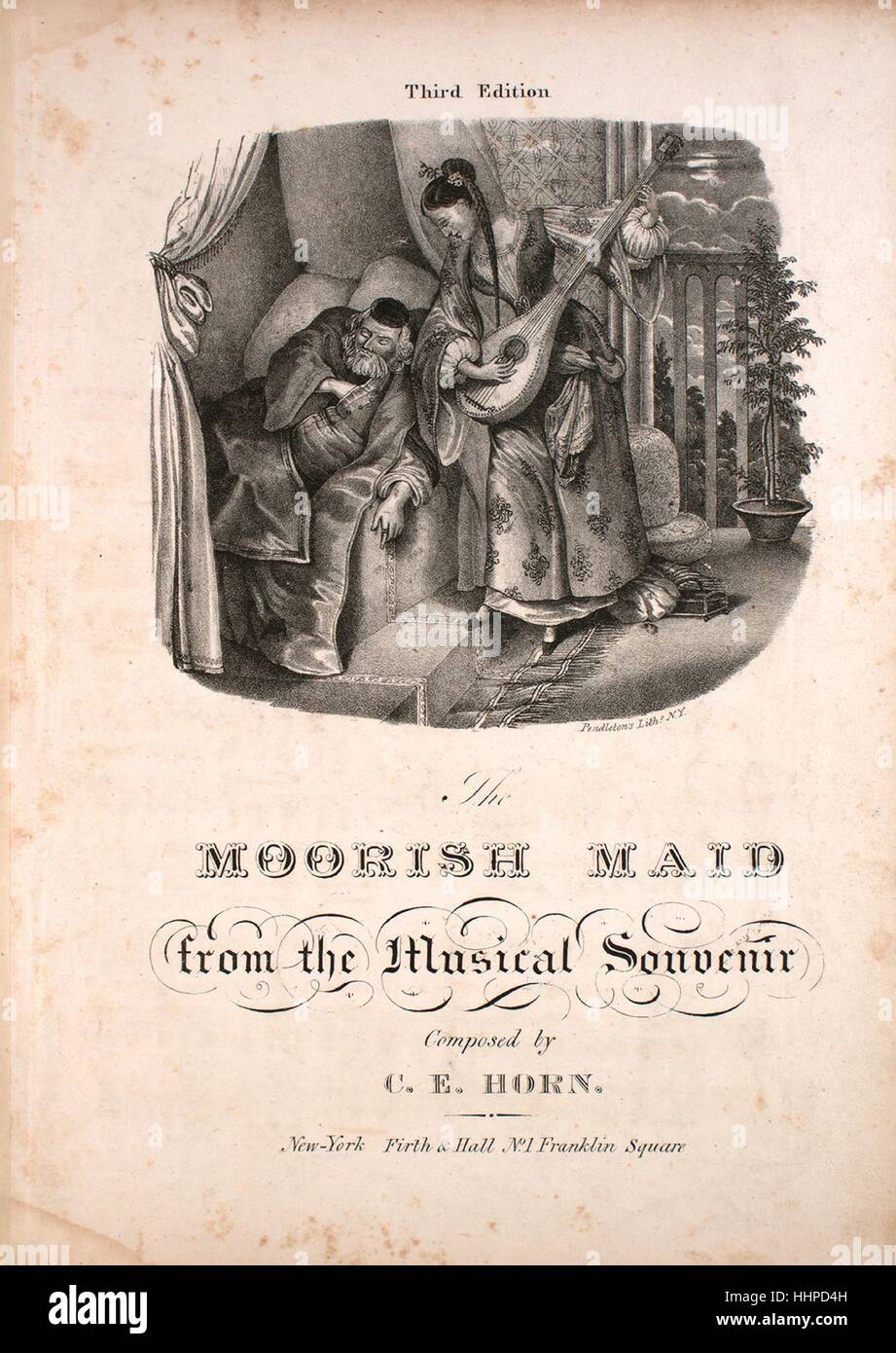 Sheet music cover image of the song 'The Moorish Maid From the Musical Souvenir Third Edition', with original authorship notes reading 'Composed by CE Horn', United States, 1900. The publisher is listed as 'Firth and Hall, No. 1 Franklin Square', the form of composition is 'strophic', the instrumentation is 'piano and voice', the first line reads ''Oh! lullaby, lullaby, Father dear'', and the illustration artist is listed as 'Pendleton's Lithy. N.Y.'. Stock Photo