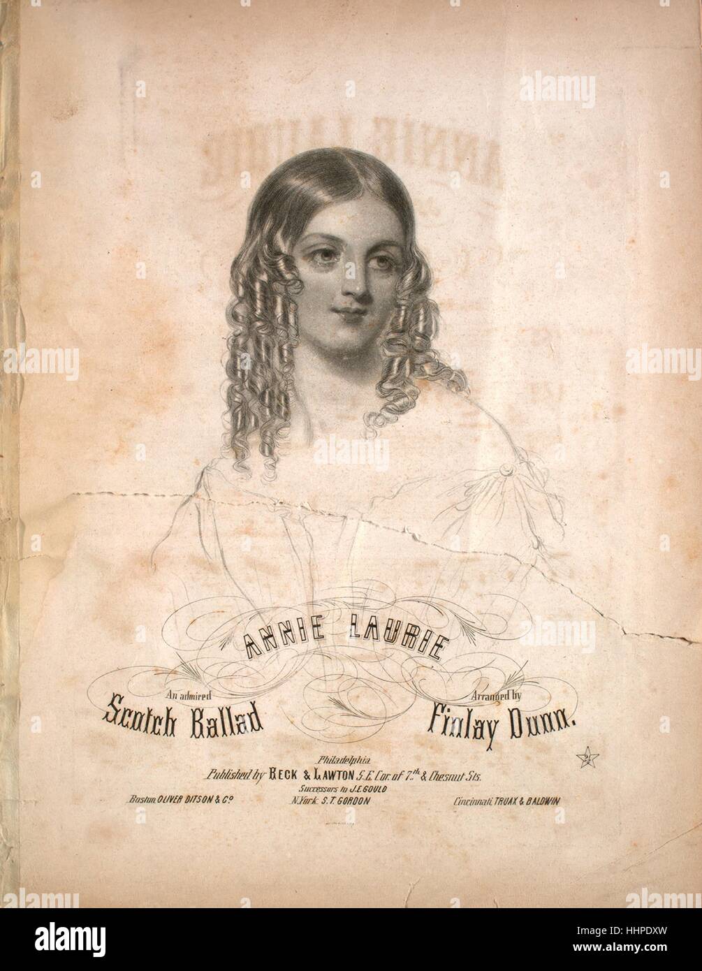 Sheet music cover image of the song 'Annie Laurie An Admired Scotch Ballad', with original authorship notes reading 'Arranged by Finlay Dunn', United States, 1900. The publisher is listed as 'Beck and Lawton, S.E. Cor. of 7th and Chesnut Sts.', the form of composition is 'strophic', the instrumentation is 'piano and voice', the first line reads 'Maxwelton braes are bonnie, where early fa's the dew', and the illustration artist is listed as 'Swain Engvr.'. Stock Photo