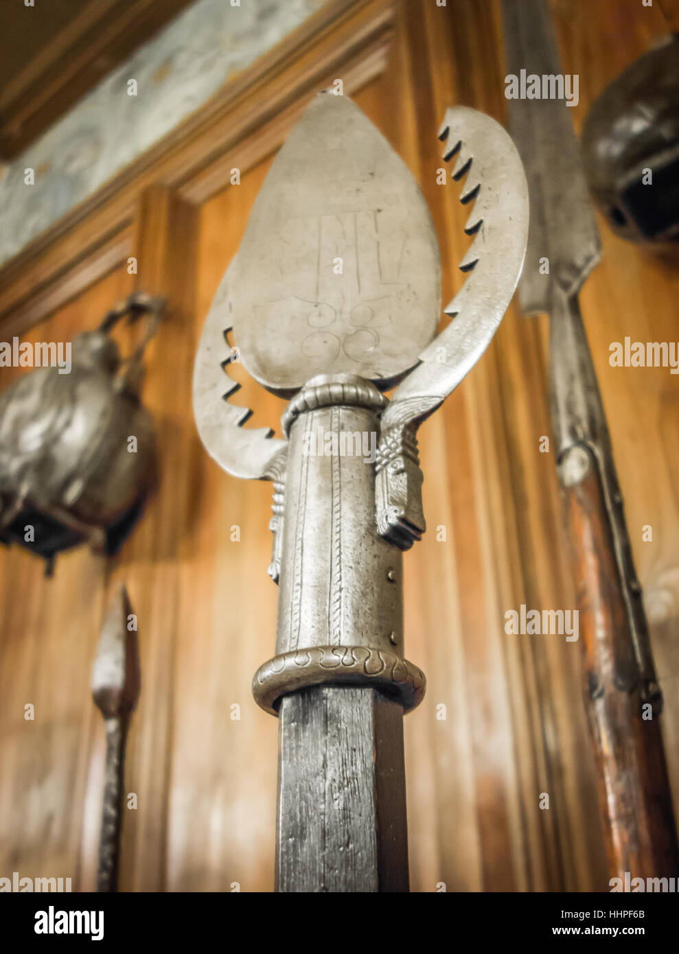 Close-up shot of a medieval spear with rotating tip and serrated enclosure. Stock Photo