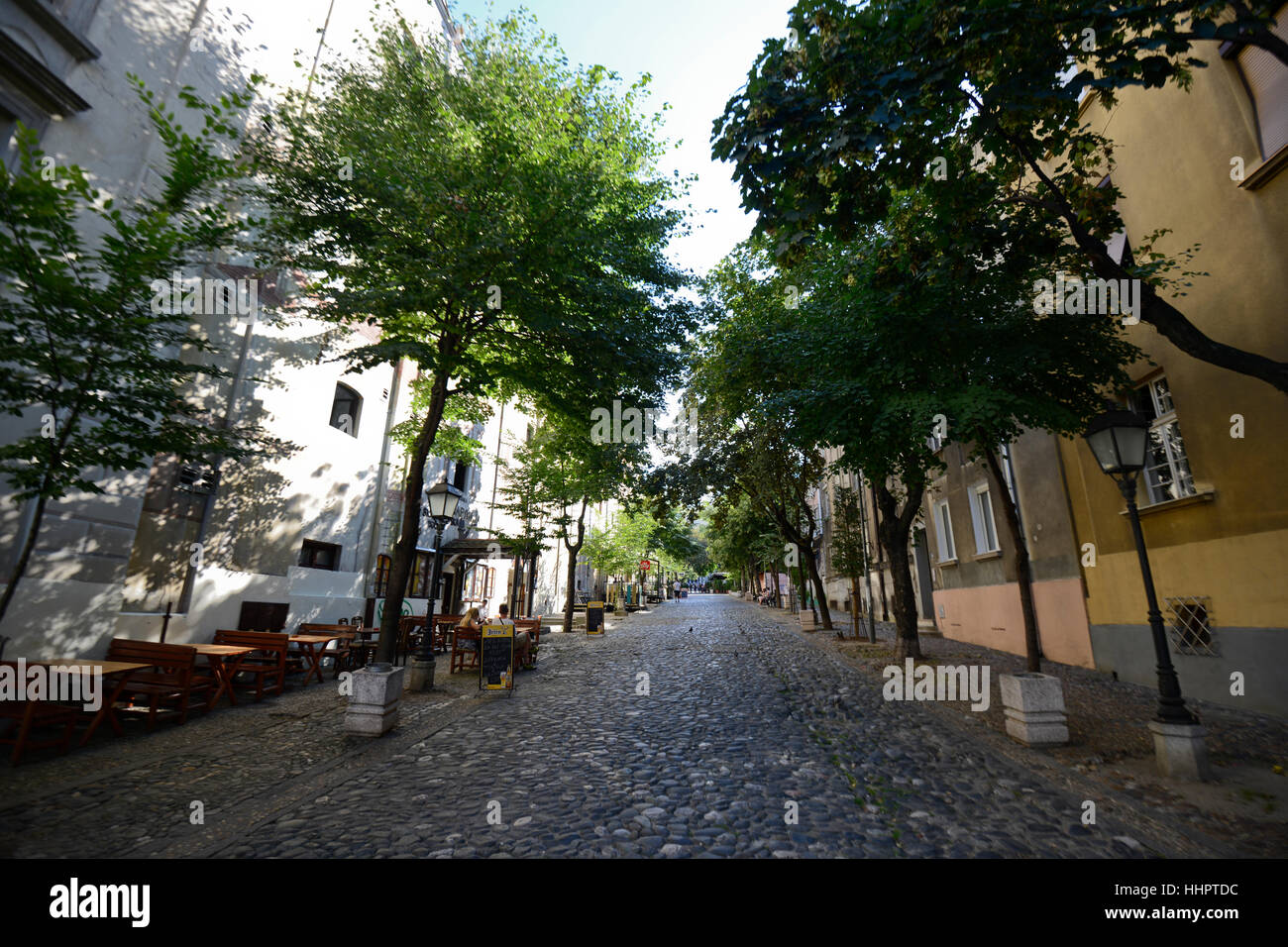 Skadarlija street, empty wide angle view. Belgrade, Serbia Stock Photo