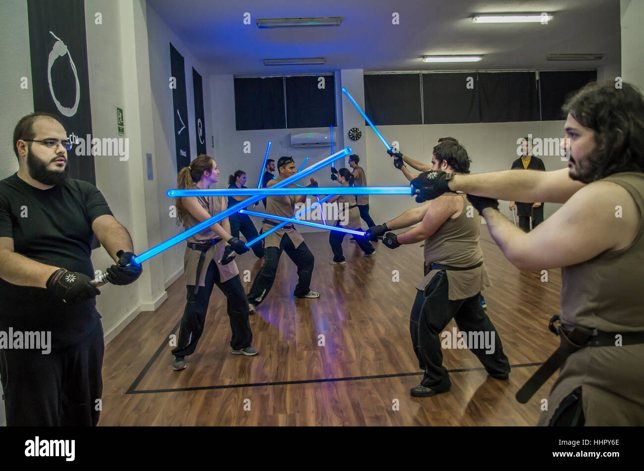 Madrid, Spain. 19th January, 2017. A lightsaber class based on the 'Star Wars' movie franchise takes place in Madrid at LugoSport, a school which has been developing this sport in Spain since last year. Credit: Lora Grigorova/Alamy Live News Stock Photo