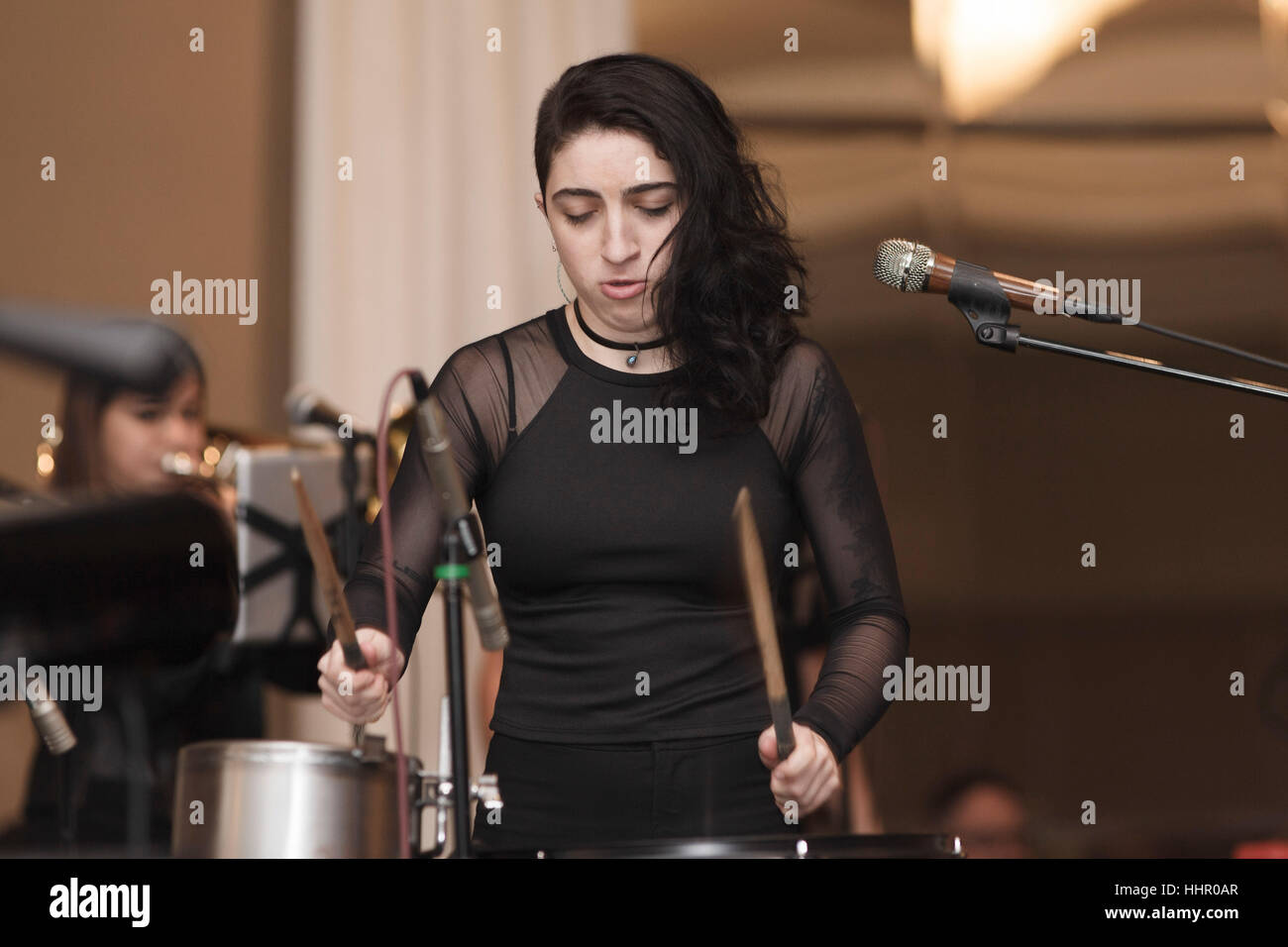 Miami, USA. 19th January, 2017. Emily Estefan, daughter of Gloria and Emilio Estefan performs at the T.J. Martell Foundation Charity Luncheon in Miami. Credit: The Photo Access/Alamy Live News Stock Photo