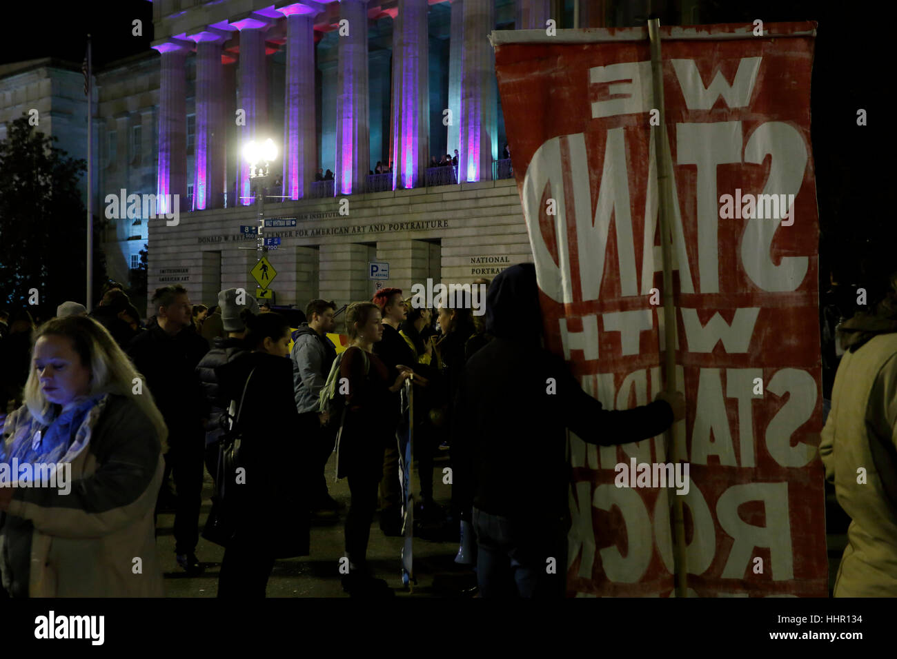 Washington, DC, USA. 19th January, 2017. Protesters with the Indigenous Environmental Network outside the Oklahoma State Society gala in the Smithsonian National Portrait Gallery. Protesters want gala attendees to know their party was sponsored by companies invested in the dakota access pipeline, and other major fossil fuel infrastructure. Stock Photo