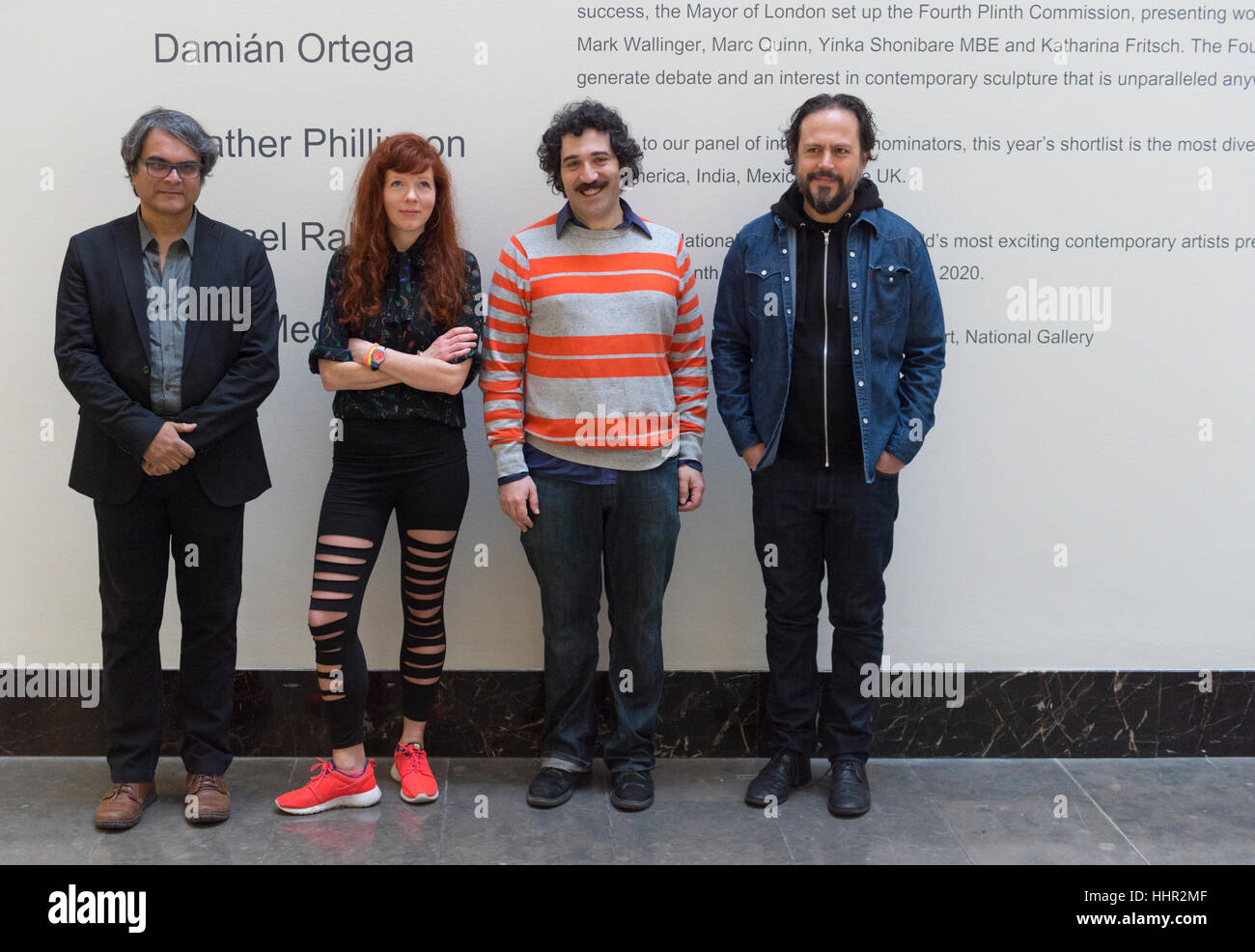 National Gallery, London, UK. 19th January, 2017. Shortlisted artists Shuddhabrata Sengupta of Raqs Media Collective, Heather Phillipson, Michael Rakowitz and Damian Ortega, at the launch of maquettes of the five proposals for the next Fourth Plinth commissions. The selected artists will be announced in March 2017, and their works will be unveiled in Trafalgar Square in 2018 and 2020 respectively. The winning commissions will follow on from the current sculpture Really Good by David Shrigley. © artsimages/Alamy Live News. Stock Photo