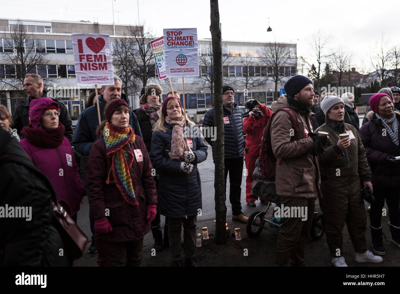 Copenhagen, Denmark. 20th Jan, 2017. Protesters from Greenpeace and Mellemfolkeligt Samvirke gather outside the U.S. Embassy in Copenhagen on the day Donald Trump will be sworn in as the President of the United States of America. The protesters wish the say no to Trump's road to power and his racist, sexist and ultra-nationalistic, climate hostile and hateful opinions. Credit: Gonzales Photo/Alamy Live News Stock Photo