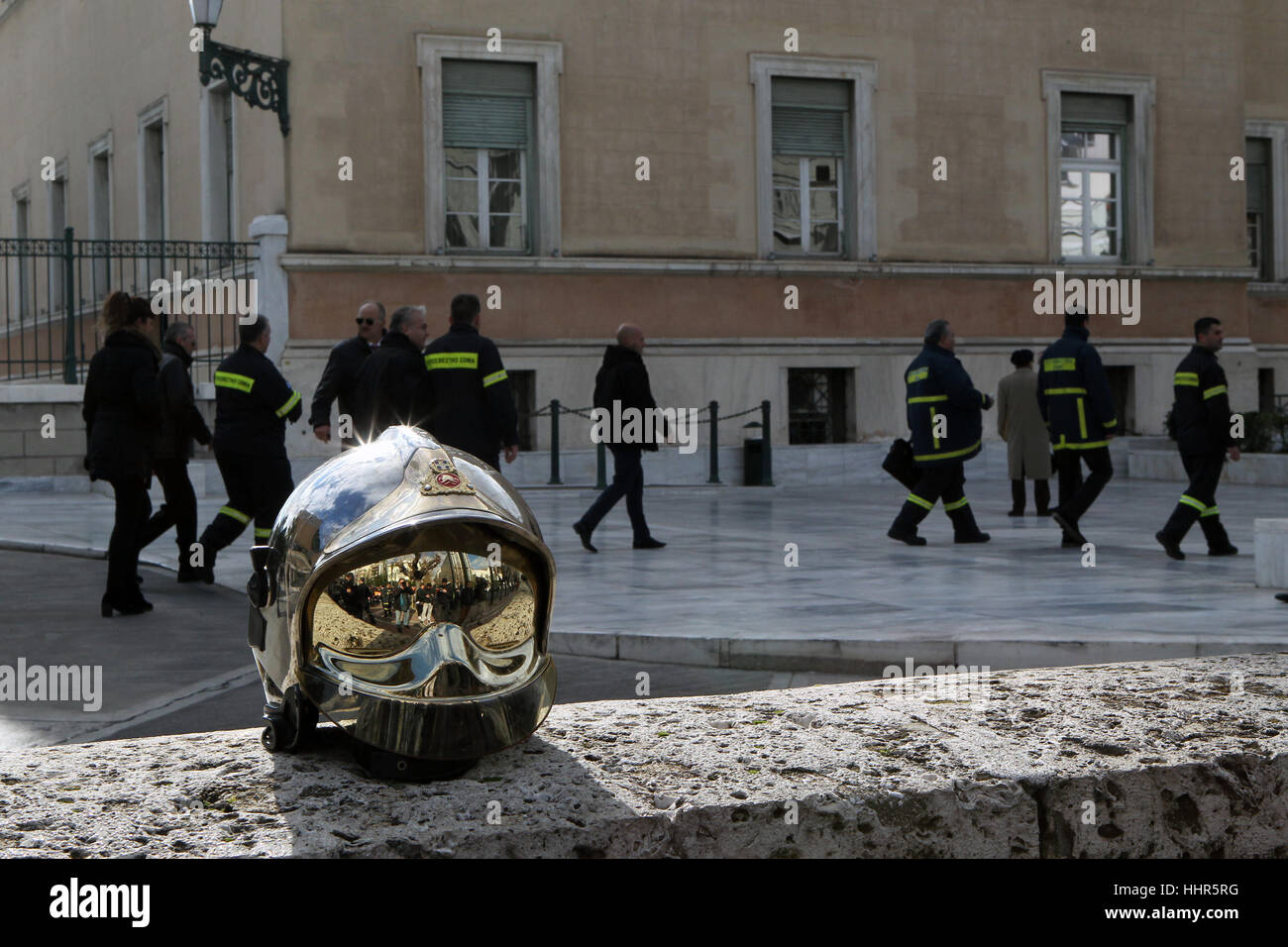 Athens. 20th Jan, 2017. Greek firemen hold a demonstration in central Athens on Jan. 20, 2017. The unions representing firemen across Greece protested against spending cuts and structural changes in the operation of the Fire Service. Credit: Marios Lolos/Xinhua/Alamy Live News Stock Photo