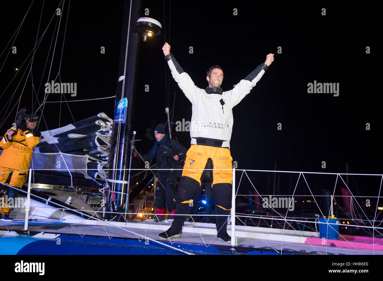 Yacht race Vendée Globe 2017: Armel Le Cléac'h aboard the Banque Populaire VIII monohull sailing (2017/01/19) Stock Photo