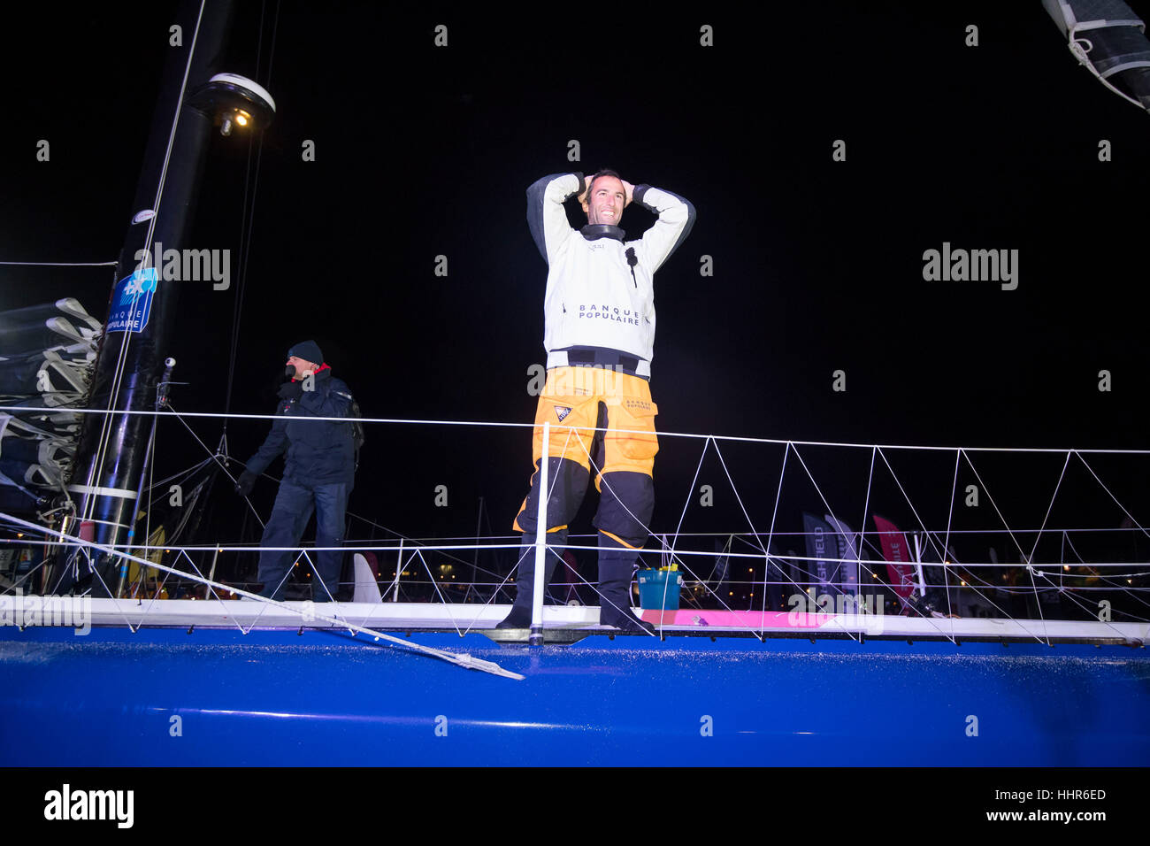 Yacht race Vendée Globe 2017: Armel Le Cléac'h aboard the Banque Populaire VIII monohull sailing (2017/01/19) Stock Photo