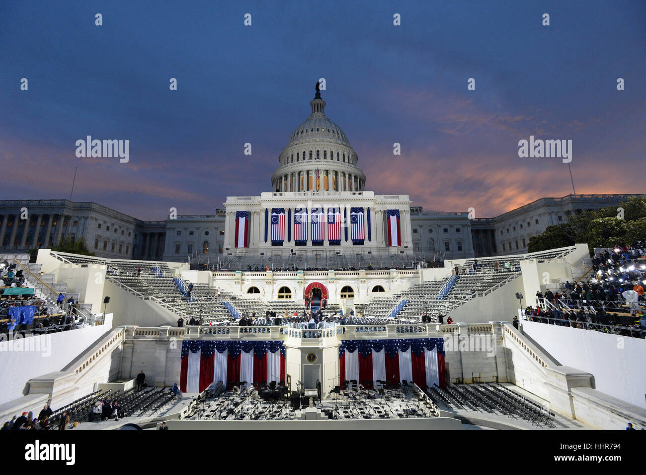 Washington, USA. 20th Jan, 2017. Dawn breaks over the Capitol as America prepares for the inauguration of President-elect Donald Trump on January 20, 2017 in Washington, DC Trump becomes the 45th President of the United States. Credit: MediaPunch Inc/Alamy Live News Stock Photo