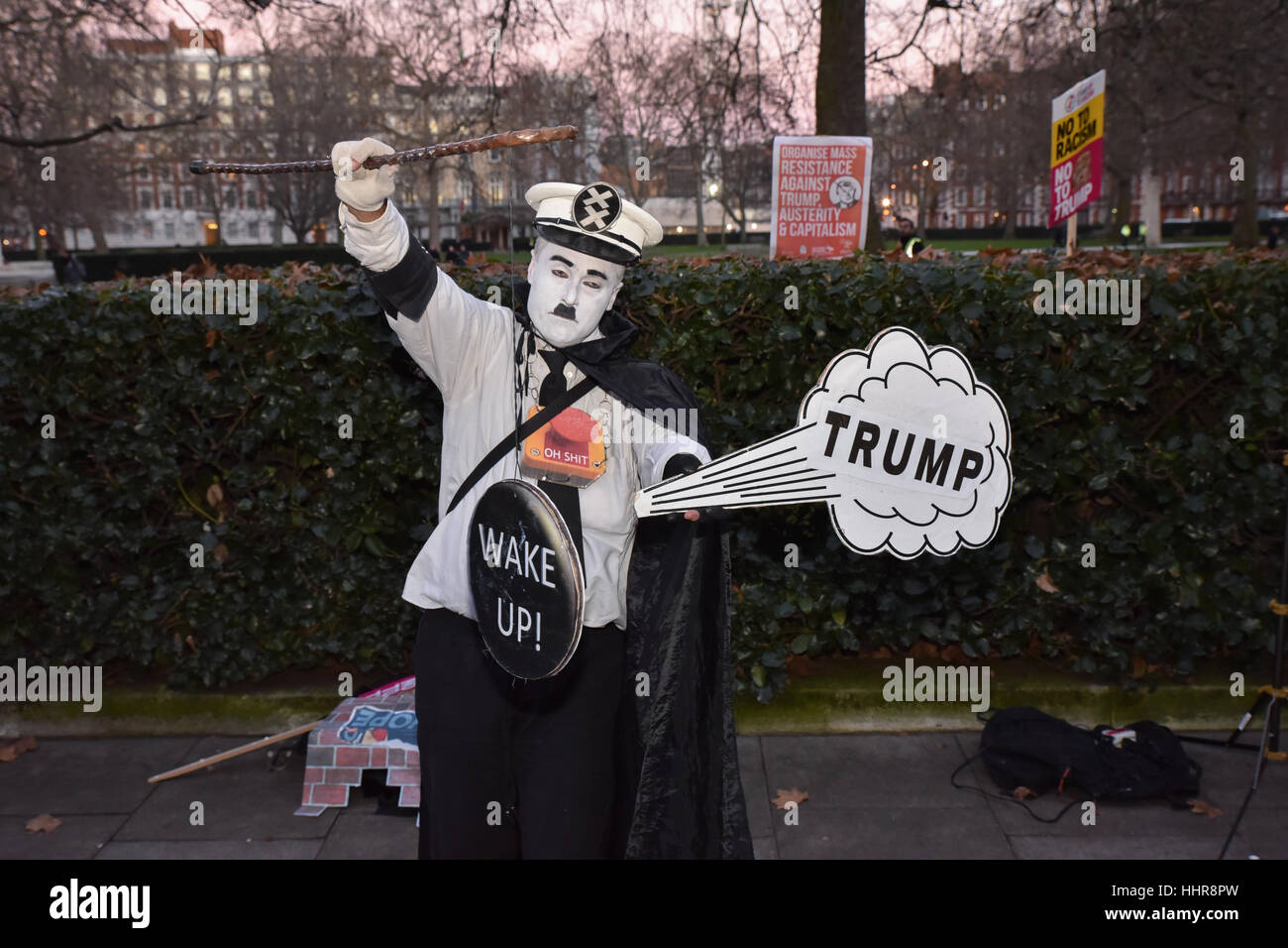 Grosvenor Square, London, UK. 20th Jan, 2017. Protesters outside the American Embassy against Donald Trump. Credit: Matthew Chattle/Alamy Live News Stock Photo