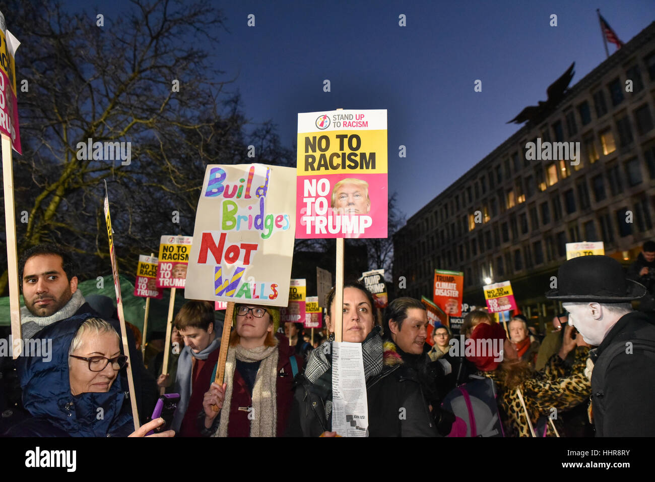 Grosvenor Square, London, UK. 20th Jan, 2017. Protesters outside the American Embassy against Donald Trump. Credit: Matthew Chattle/Alamy Live News Stock Photo