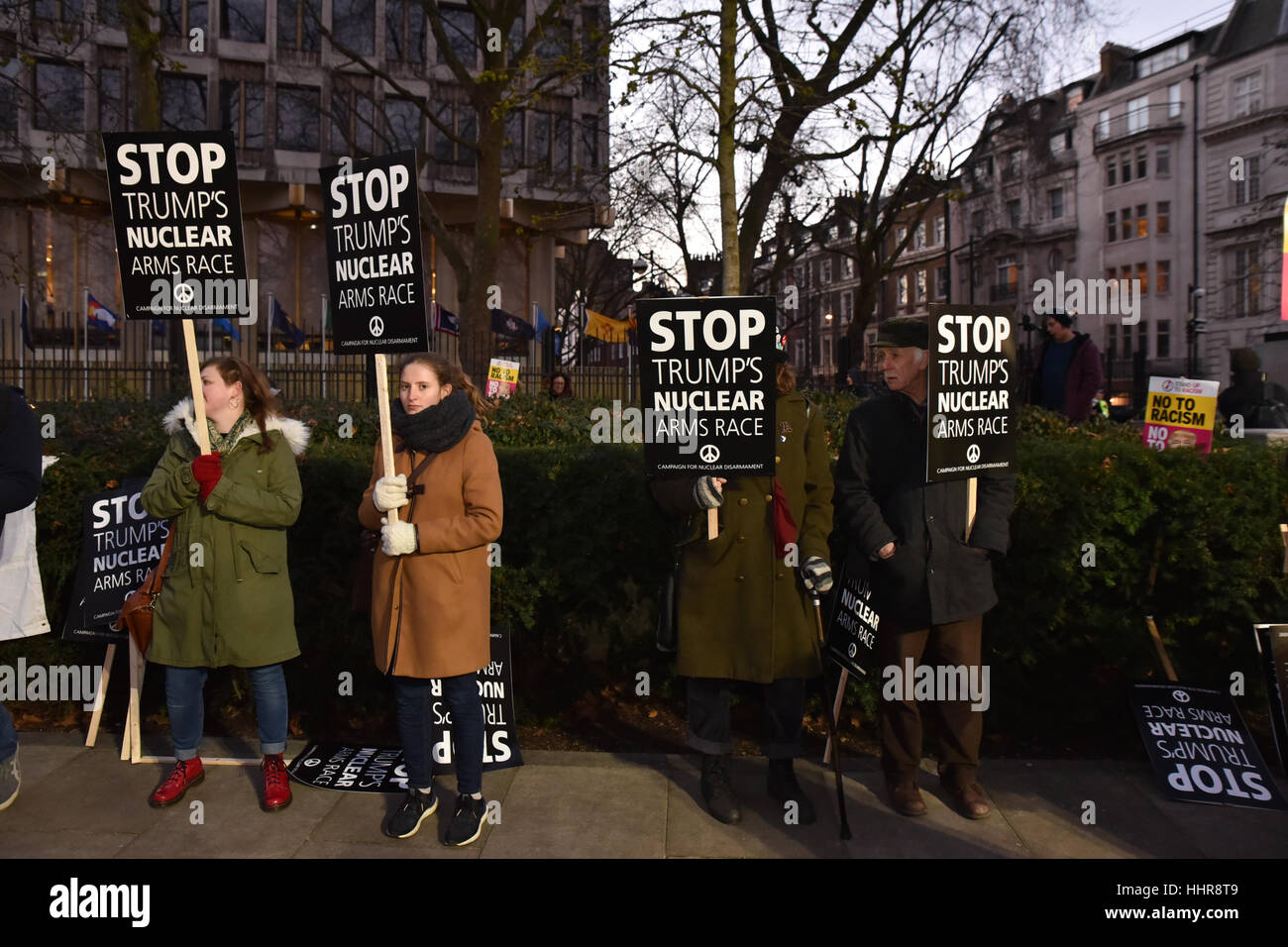 Grosvenor Square, London, UK. 20th Jan, 2017. Protesters outside the American Embassy against Donald Trump. Credit: Matthew Chattle/Alamy Live News Stock Photo