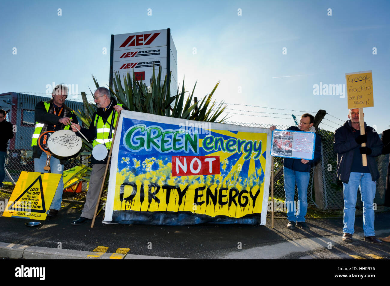 Bolton Lancashire, UK. 20th January 2017: A small group of protesters blocked the entrance to A E Yates business premises near the Bolton Wanderers Football stadium today demanding they cease delivering aggregates to the Cuadrilla shalegas site on Preston New Road in Little Plumpton near Blackpool and that they have no further involvement with fracking companies. The aggregate is used to lay foundations for the drillpad and also to allow the heavy supply vehicles onsite without getting bogged down in the soft ground in the field. Credit: Dave Ellison/Alamy Live News Stock Photo